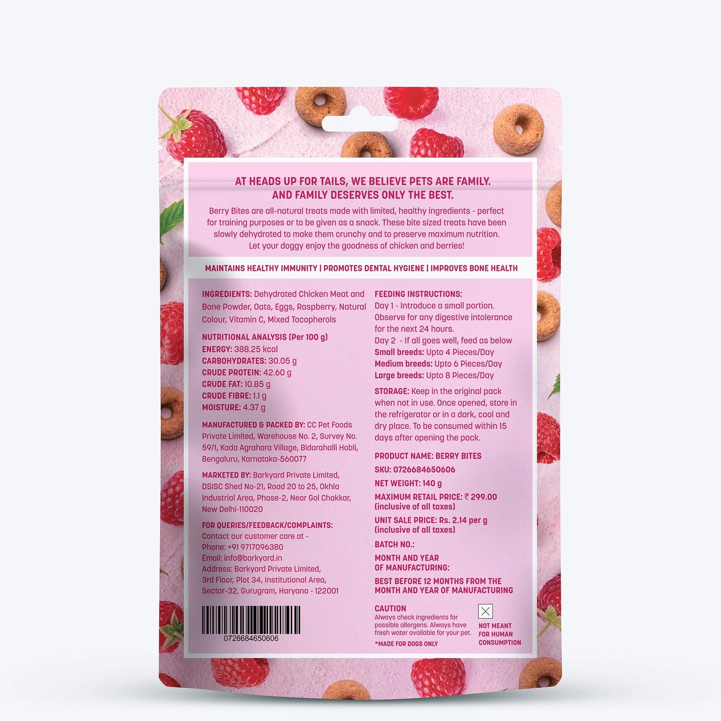 HUFT Berry Bites - Chicken & Raspberries Treats For Dogs - 140 g
