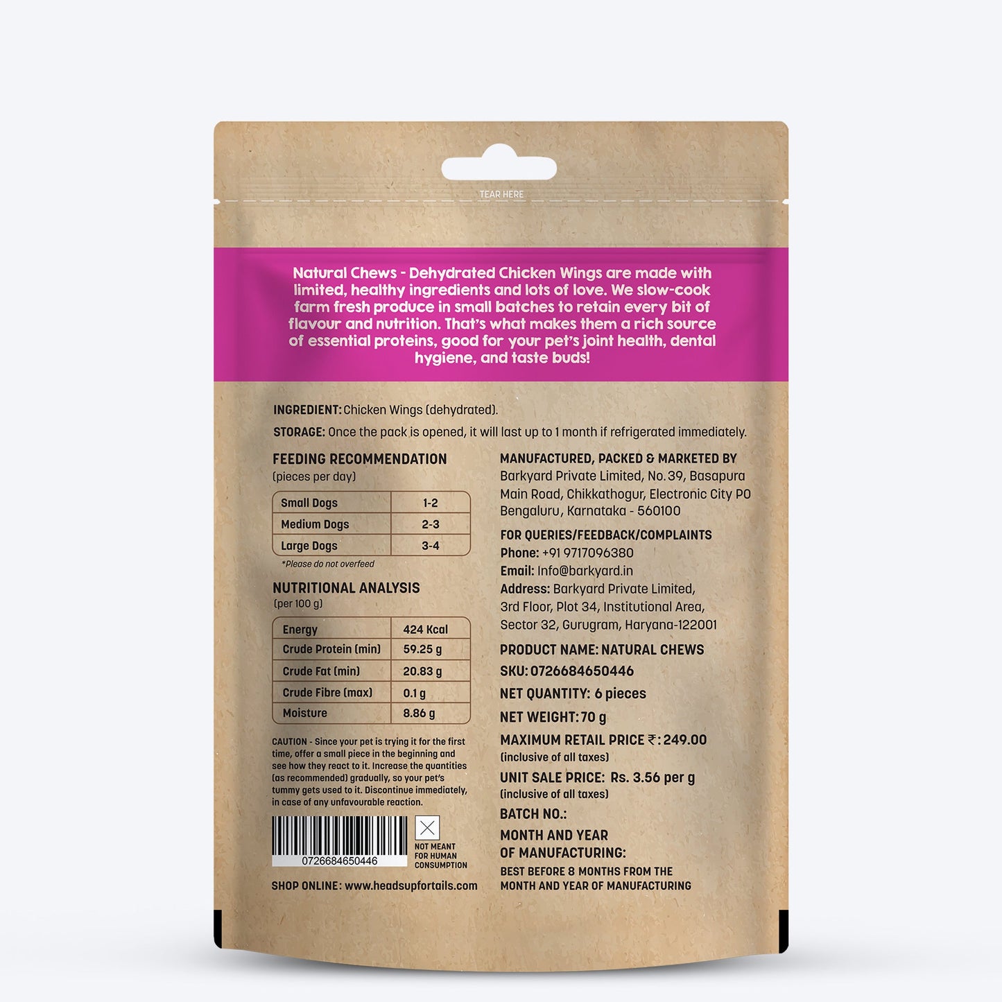 HUFT Natural Chews - Dehydrated Chicken Wings For Dog - 70g - Heads Up For Tails