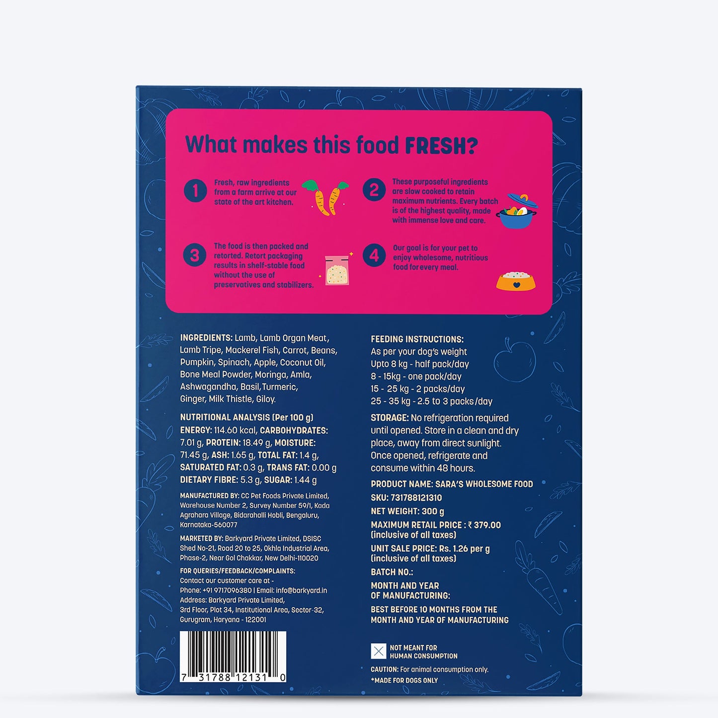HUFT Sara's Wholesome Food - Grain-Free Lamb And Apple Dog Wet Food (300gm Packs) - Heads Up For Tails