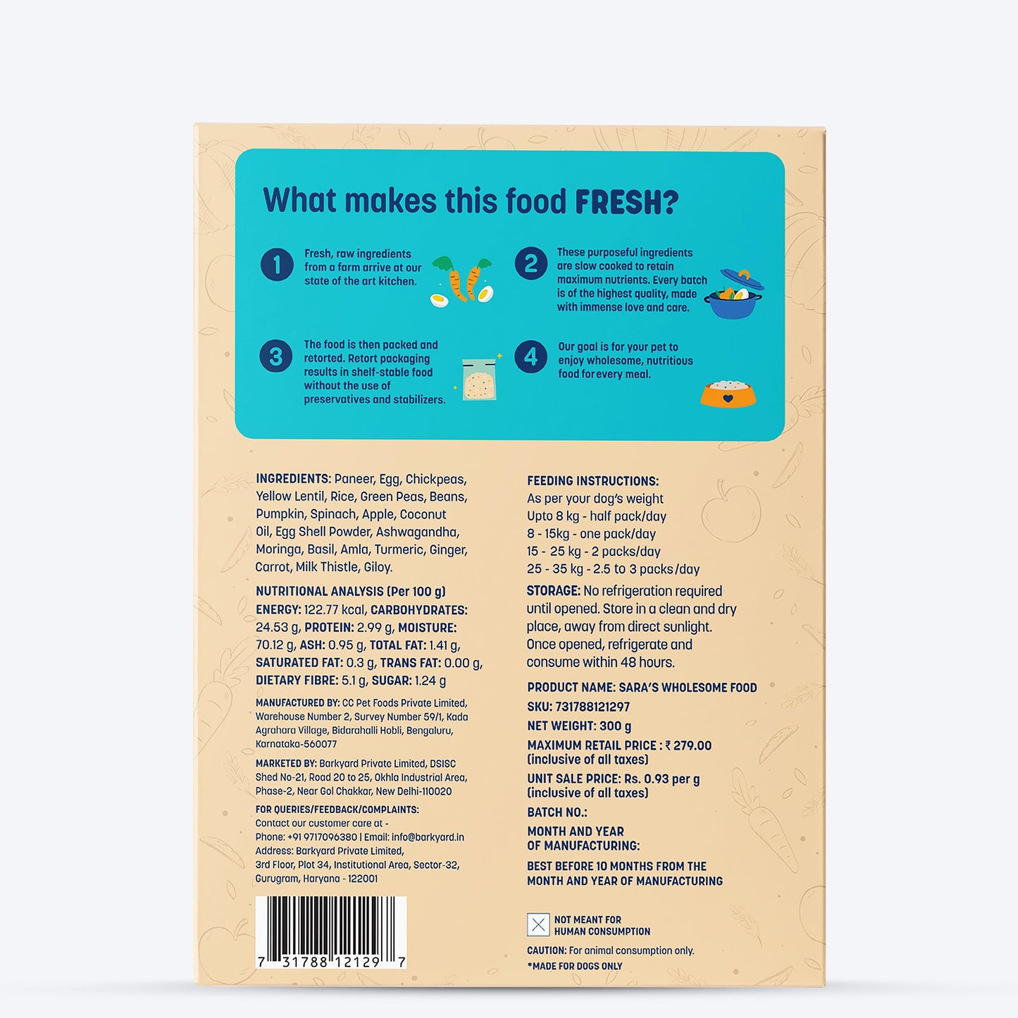 HUFT Sara's Wholesome Food - Classic Paneer And Eggs Dog Wet Food (300gm Packs) - Heads Up For Tails