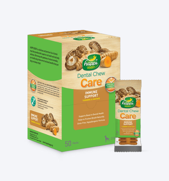 Happi Doggy Dental Chew Care (Immune Support )- Turmeric & Shiitake - Regular 4 inch - (Singles) - 23 g - Heads Up For Tails