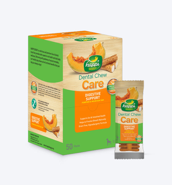 Happi Doggy Vegetarian Dental Chew - Care (Digestive Support) - Pumpkin & Mountain Yam (Singles) - Regular 4 inch - 25 g - Heads Up For Tails