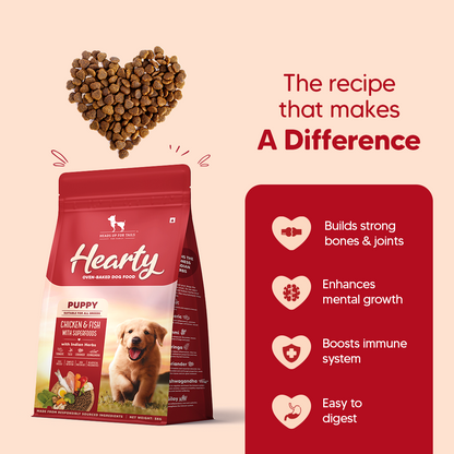 Hearty Oven-Baked Puppy Food by Heads Up for Tails, Chicken & Fish with Superfoods, 250g, suitable for all breeds.