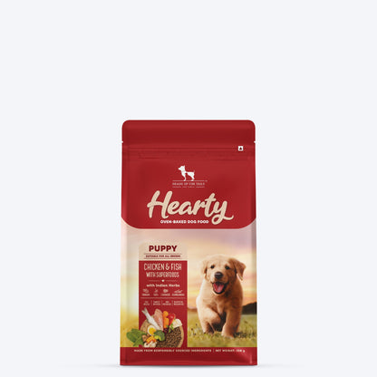 Hearty Oven-Baked Puppy Food by Heads Up for Tails, Chicken & Fish with Superfoods, 250g, suitable for all breeds.