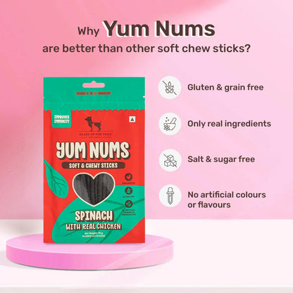 HUFT Yum Nums Dog Treats Soft & Chewy Sticks Spinach With Real Chicken - 70 gm