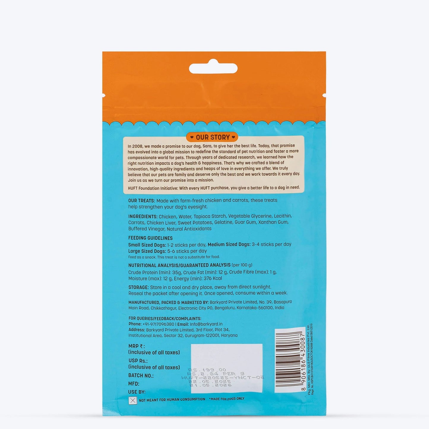 HUFT Yum Nums Dog Treats Soft & Chewy Sticks Carrot With Real Chicken