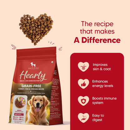 Hearty Turkey, Fish & Chicken Grain-Free Oven-Baked Dog Food, 2 kg, suitable for all breeds, by Heads Up for Tails.