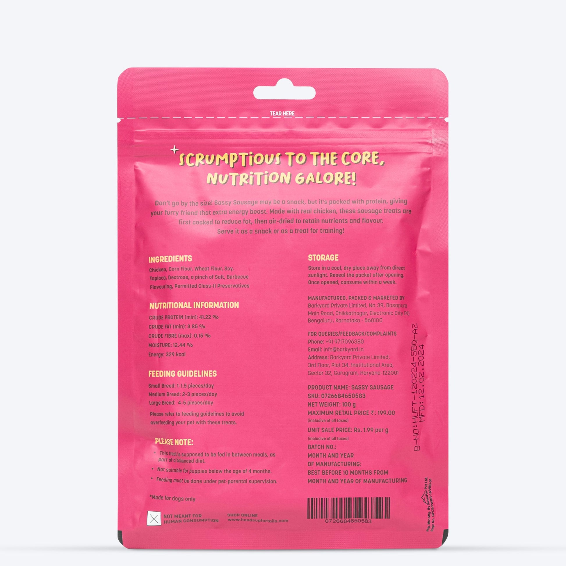 HUFT Sassy Sausage BBQ With Real Chicken Air-Dried Dog Treats - 100 g - Heads Up For Tails