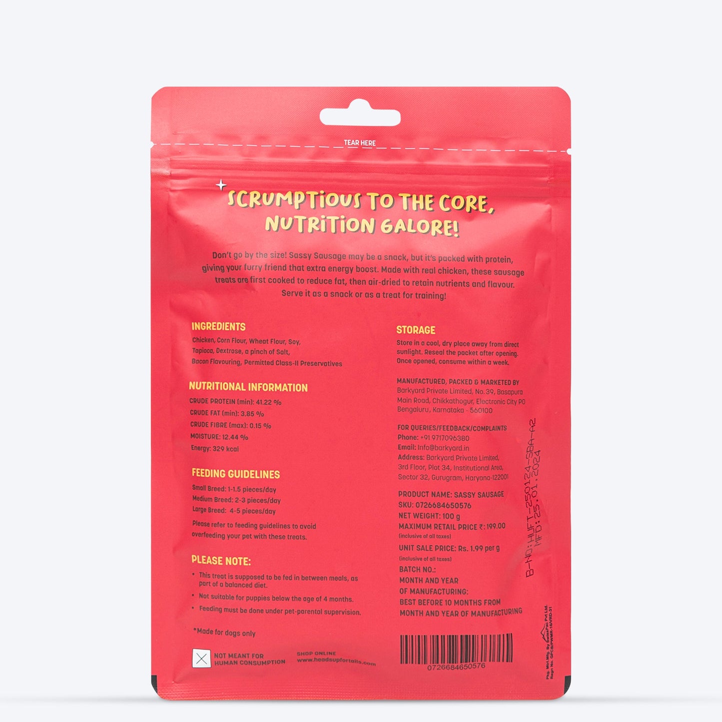 HUFT Sassy Sausage Bacon With Real Chicken Air-Dried Dog Treats - 100 g - Heads Up For Tails
