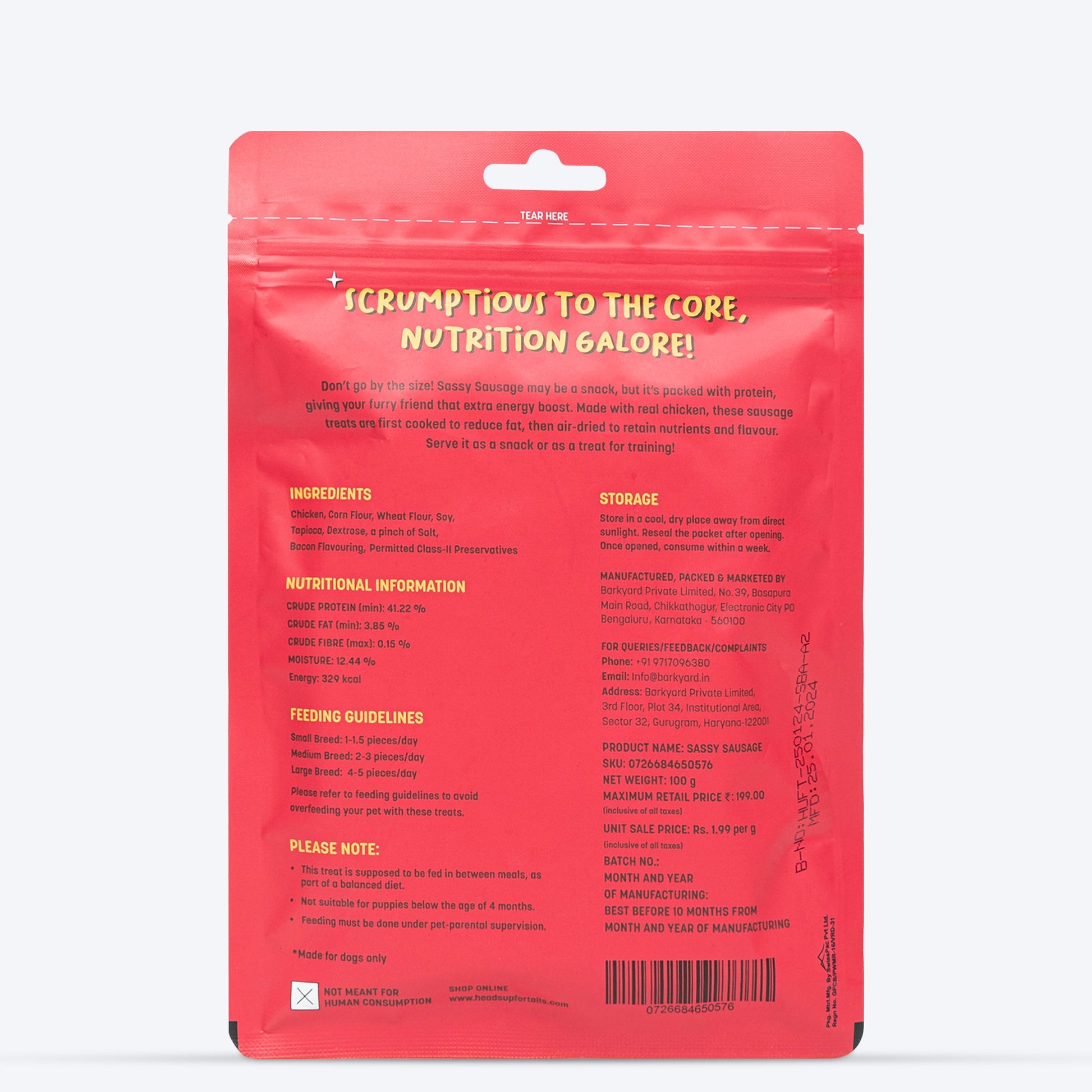 HUFT Sassy Sausage Bacon With Real Chicken Air-Dried Dog Treats - 100 g - Heads Up For Tails