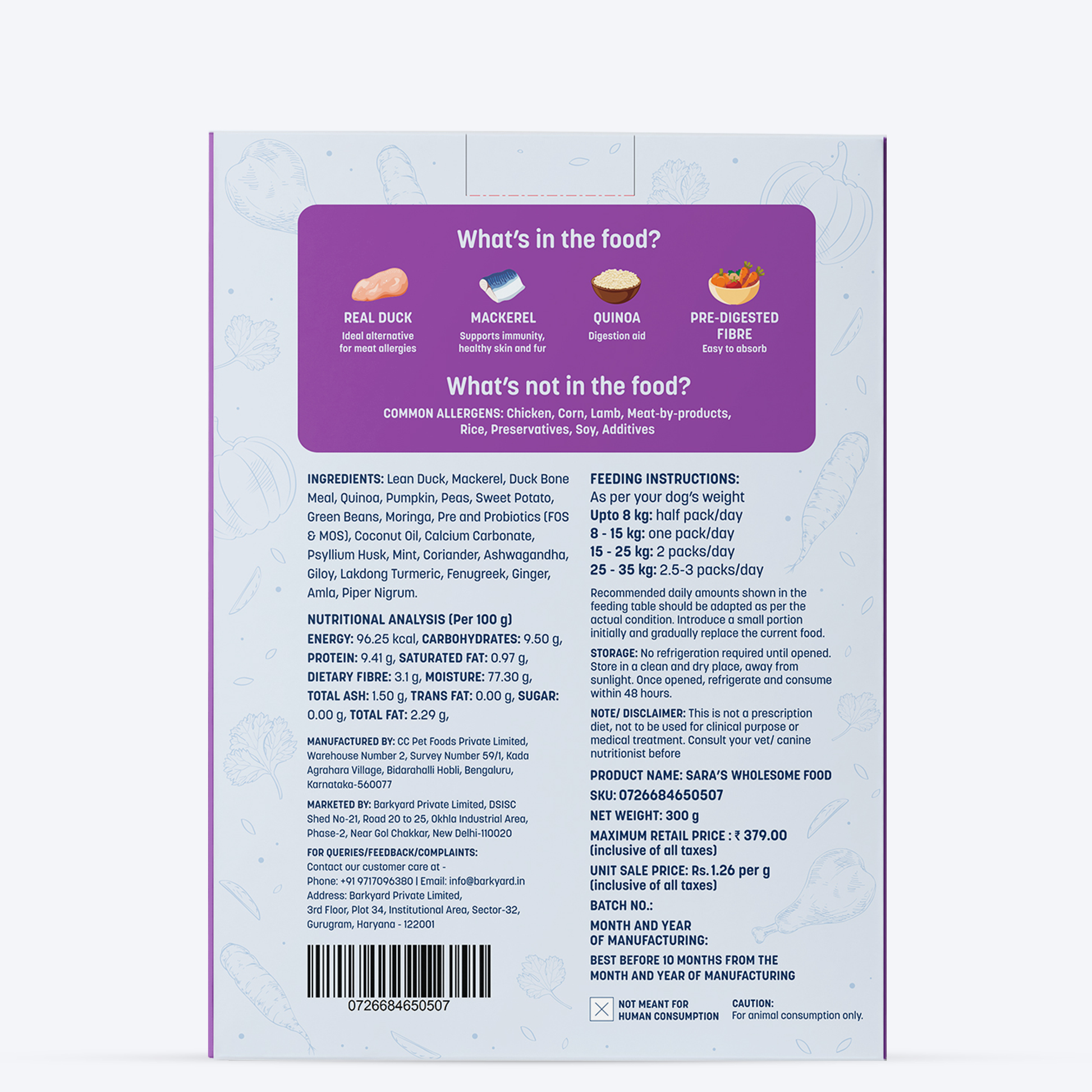HUFT Sara's Wholesome Hypoallergenic Diet Duck & Quinoa Dog Wet Food - 300 g - Heads Up For Tails