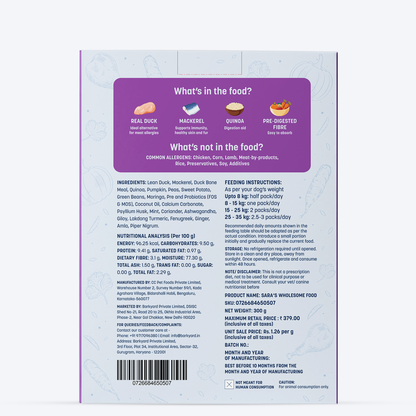 HUFT Sara's Wholesome Hypoallergenic Diet Duck & Quinoa Dog Wet Food - 300 g - Heads Up For Tails