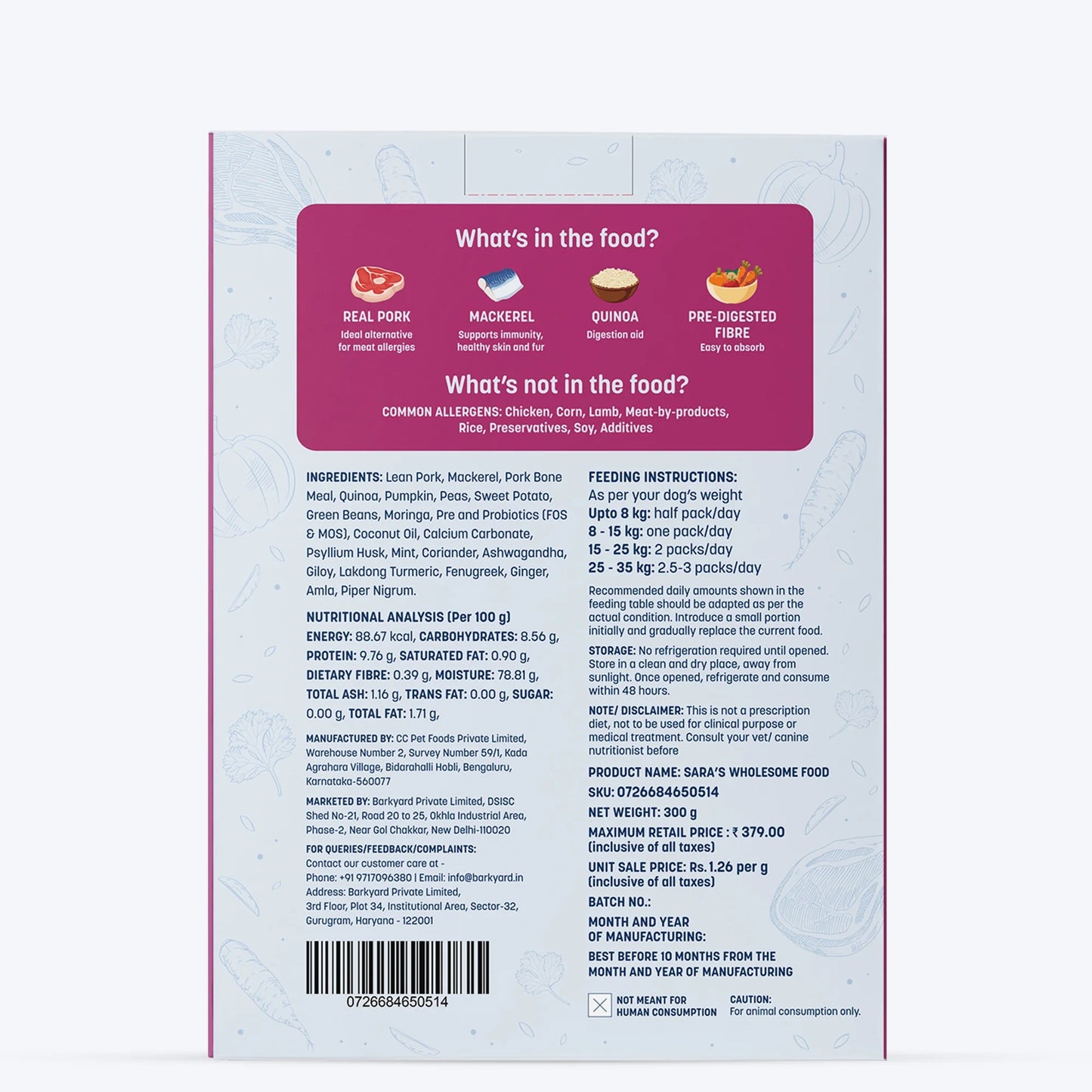 Sara's Wholesome Hypoallergenic Diet Pork & Quinoa Wet Food for Dogs – Human-Grade, Gluten-Free – 300 g
