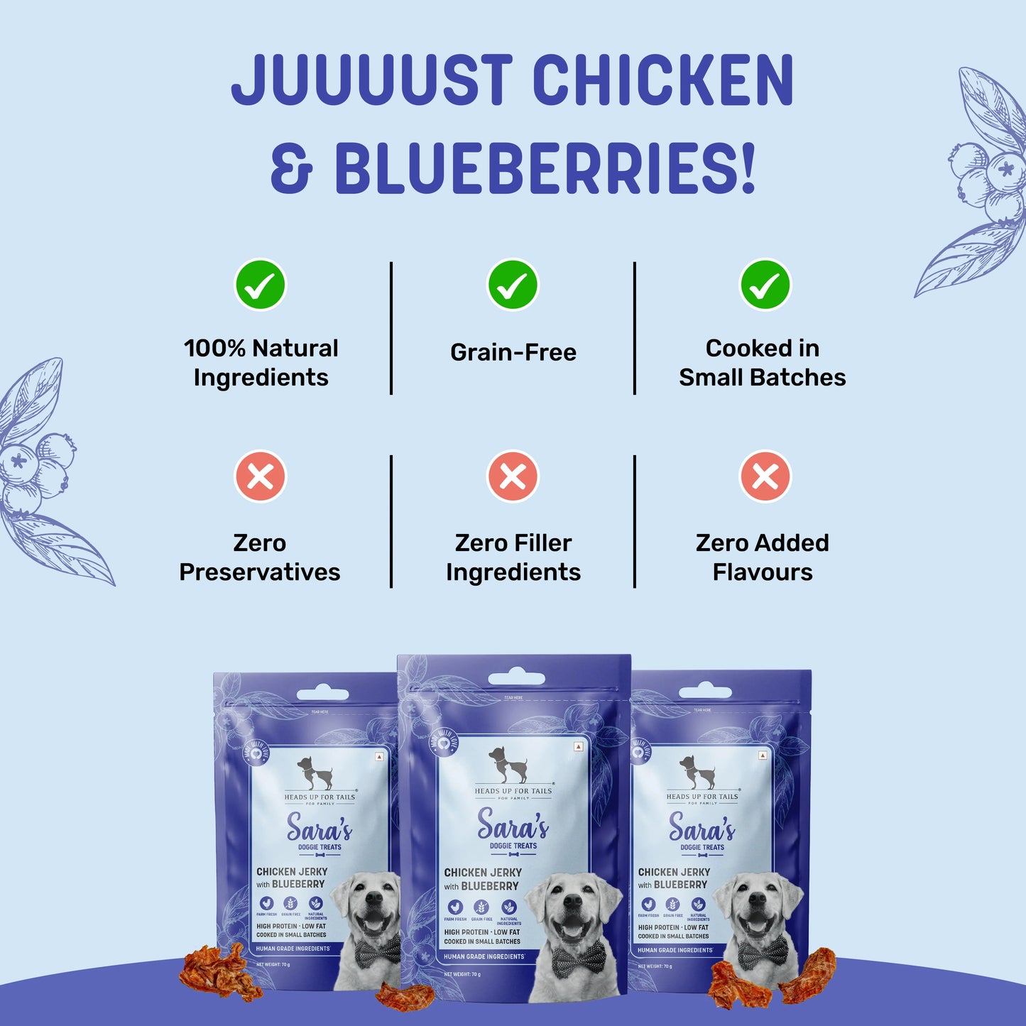 Sara's Dehydrated Chicken Jerky with Blueberry Dog Treats 70g