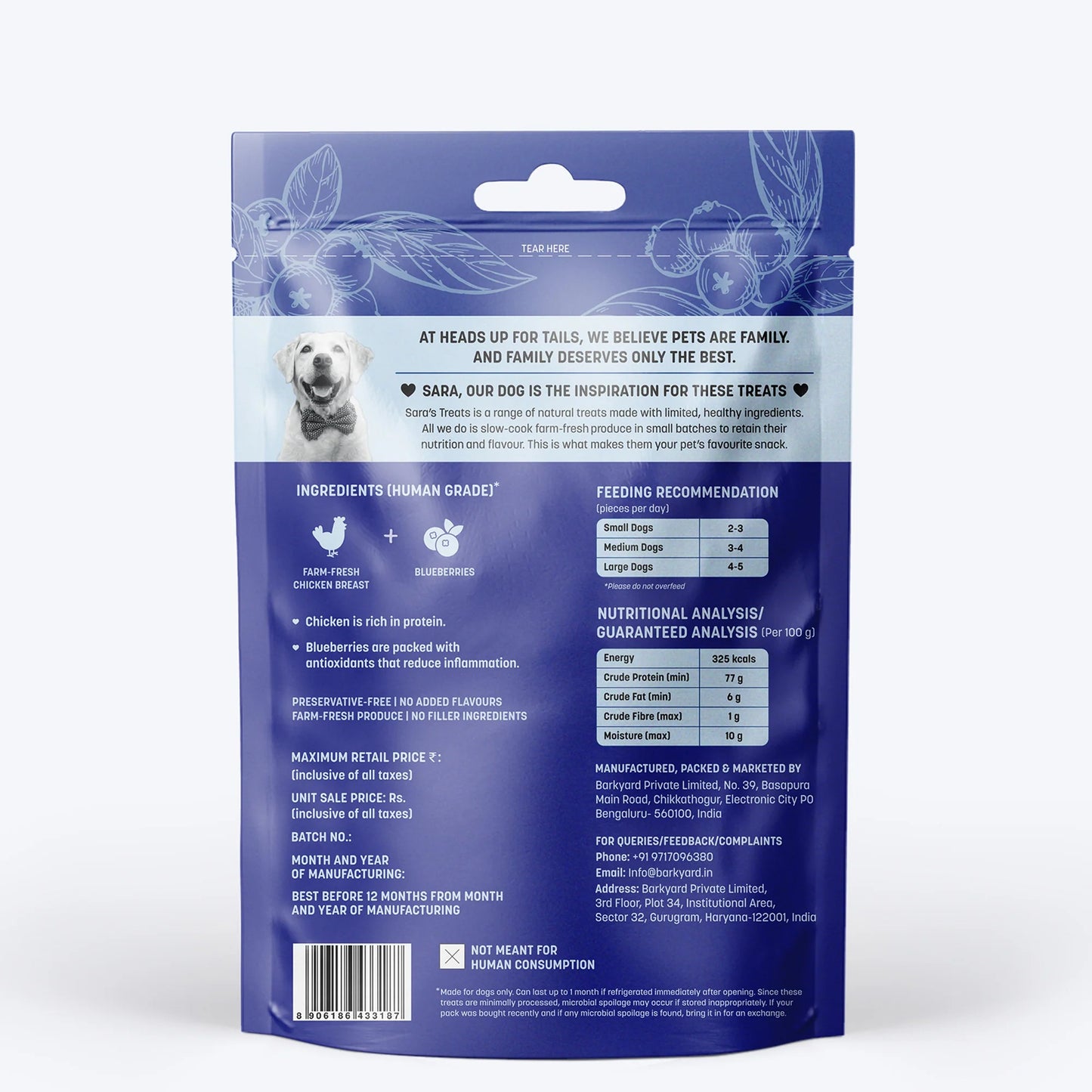 Sara's Dehydrated Chicken Jerky with Blueberry Dog Treats 70g