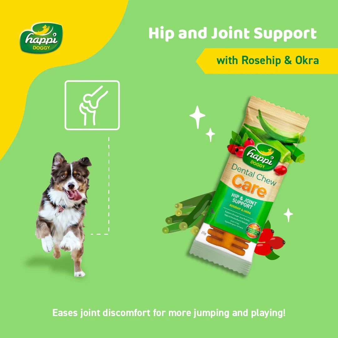 Happi Doggy Vegetarian Dental Chew - Care (Hip & Joint Support) Rosehip & Okra - Petite - 2.5 inch - 150 g - 18 Pieces
