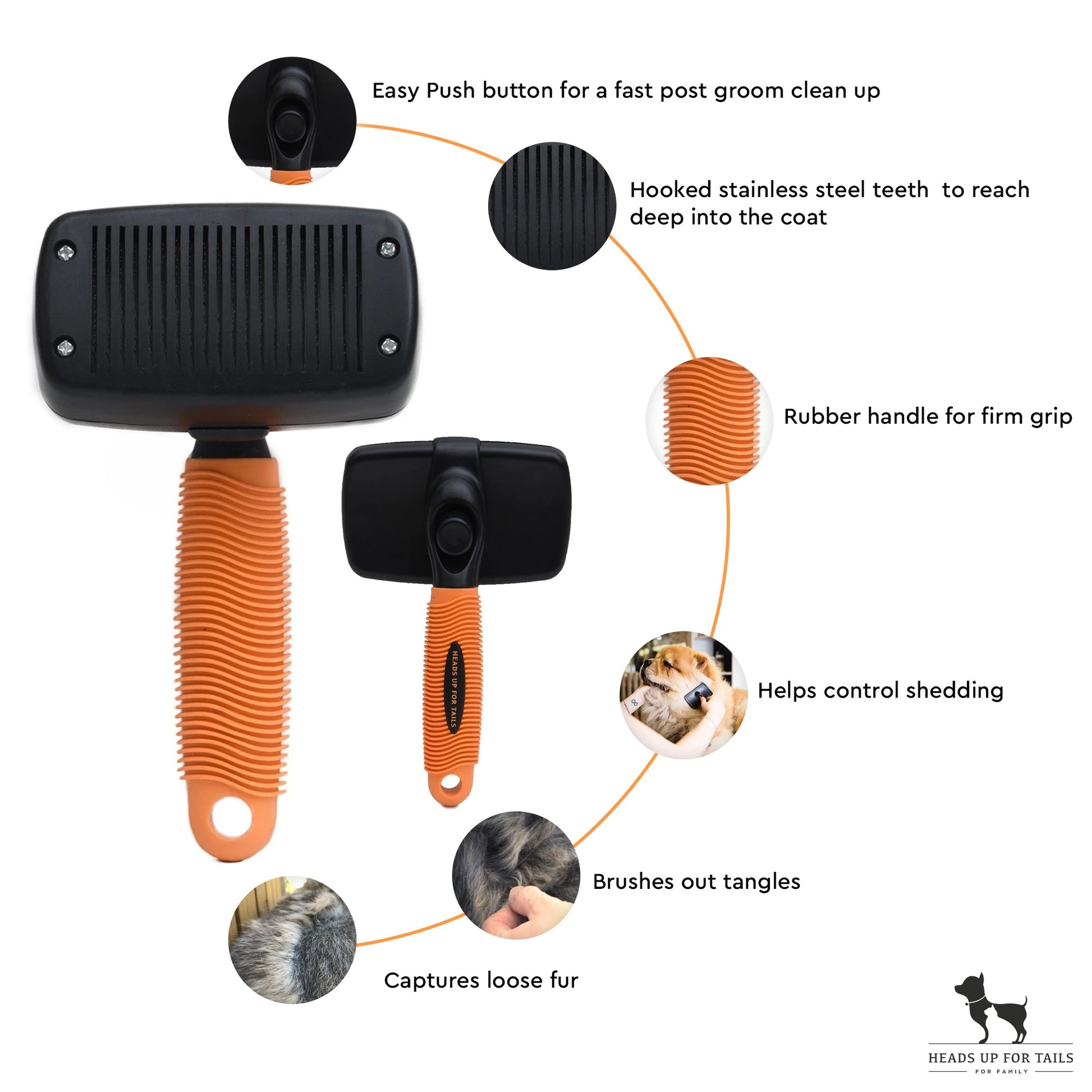HUFT Self Cleaning Slicker Brush for Dogs - Orange - Heads Up For Tails