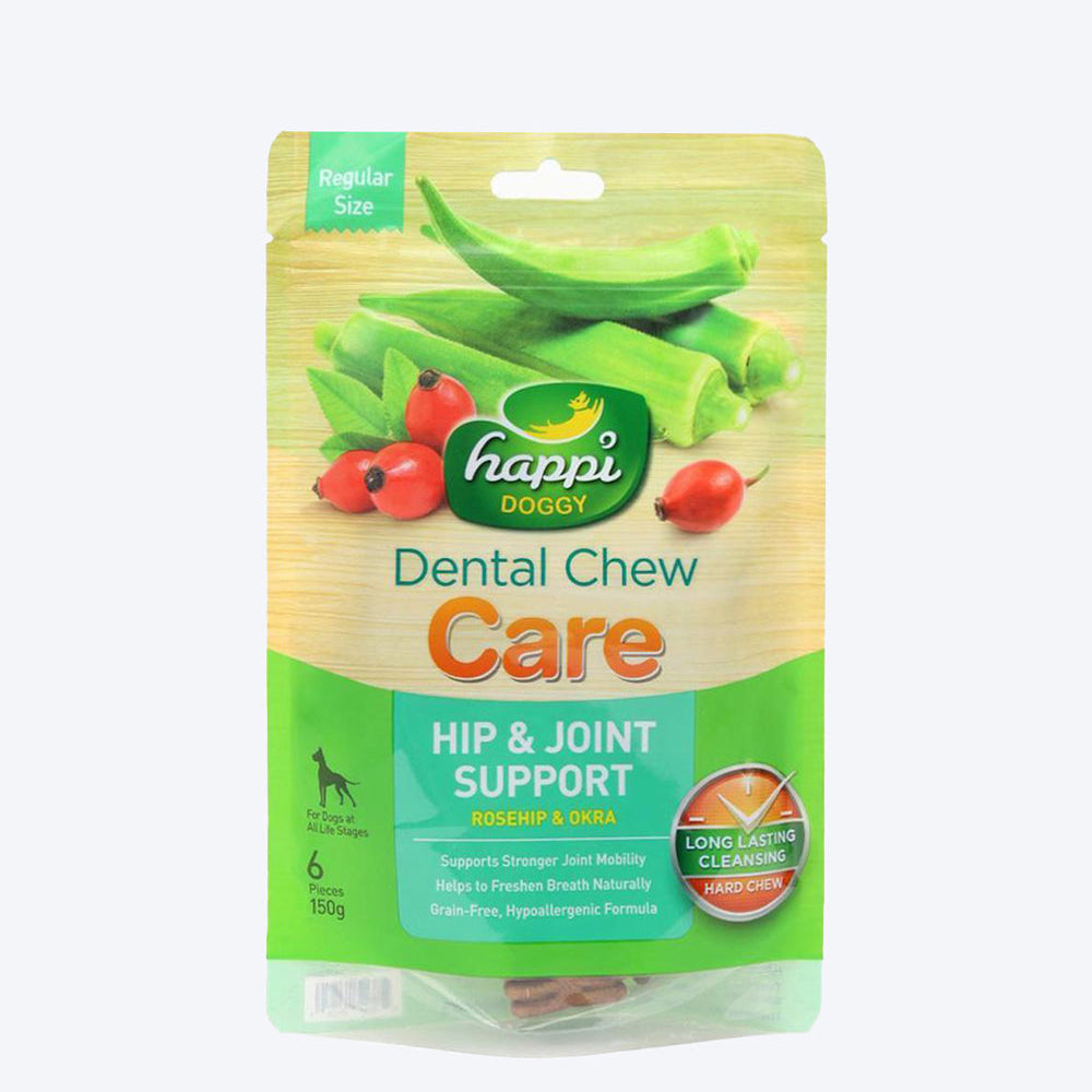 Happi Doggy Dental Chew Care (Hip & Joint Support) Rosehip & Okra - Regular 4 inch - 150 g - 6 Pieces - Heads Up For Tails