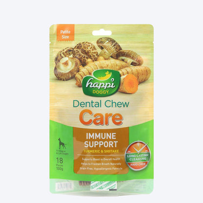 Happi Doggy Dental Chew Care (Immune Support) - Turmeric & Shiitake- Petite - 2.5 inch - 150g - 18 Pieces - Heads Up For Tails