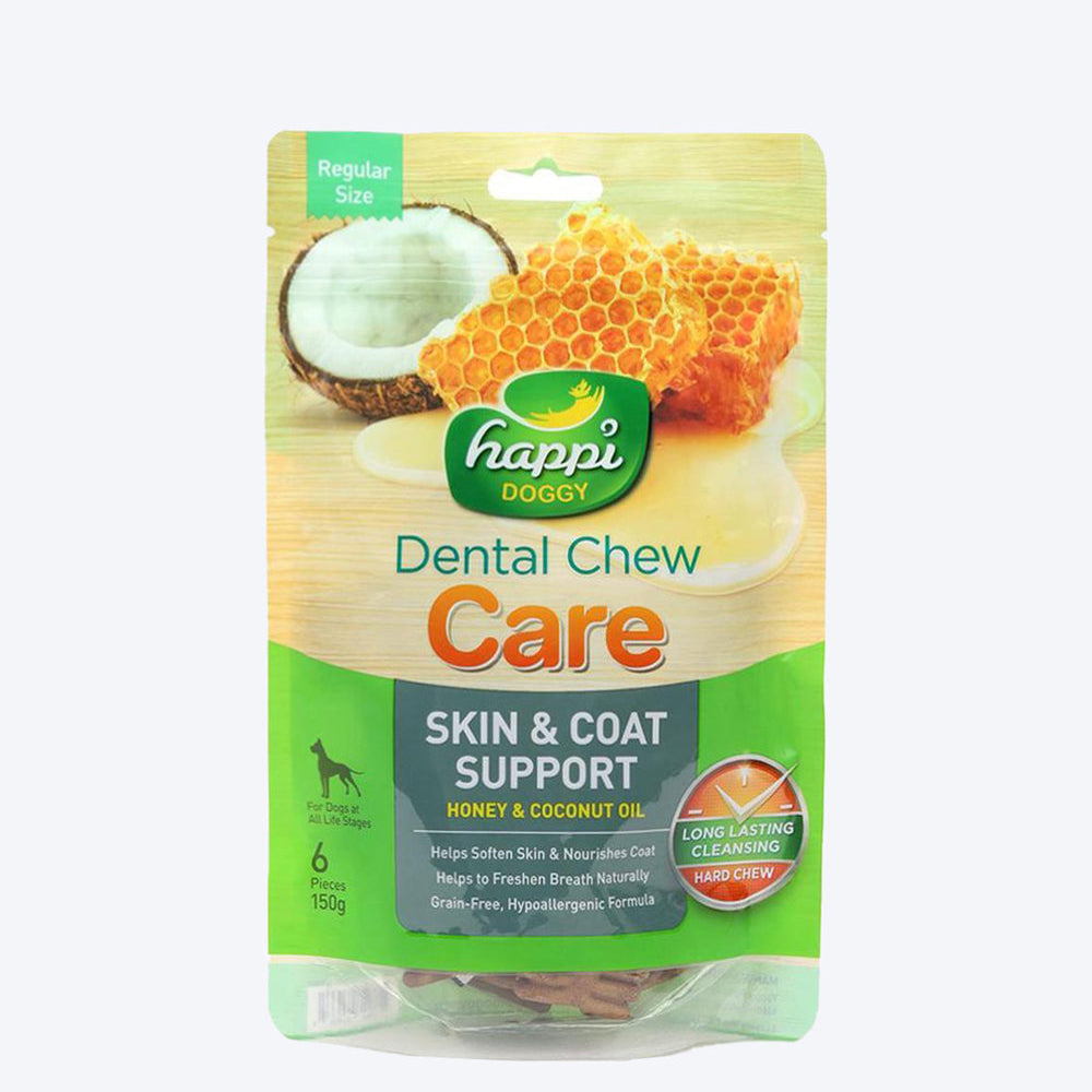 Happi Doggy Dental Chew Care (Skin and Coat) Honey & Coconut Oil - Regular - 4 inch - 150 g - 6 Pieces - Heads Up For Tails