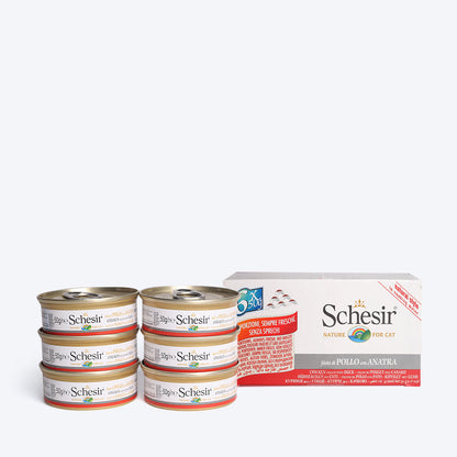 Schesir 71% Chicken fillets with duck Wet Cat Food- (6x50 g) - Heads Up For Tails
