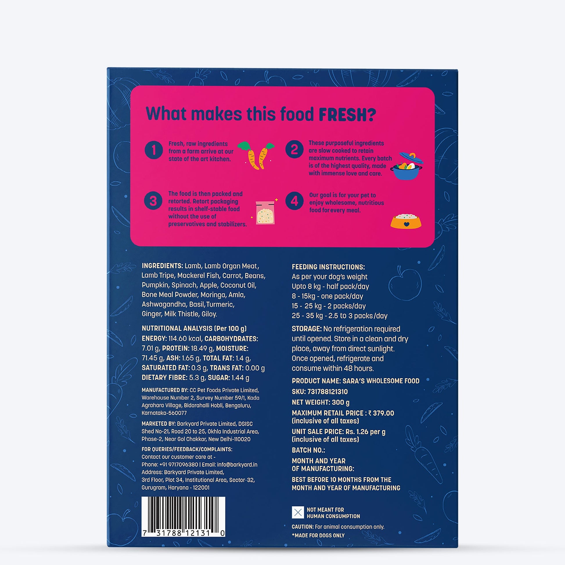 HUFT Sara's Wholesome Food - Grain-Free Lamb And Apple Dog Wet Food (300gm Packs) - Heads Up For Tails